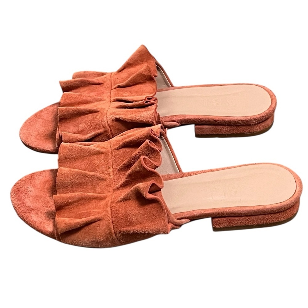 Able local + global Villanueva terracotta orange suede ruffle slip on sandals